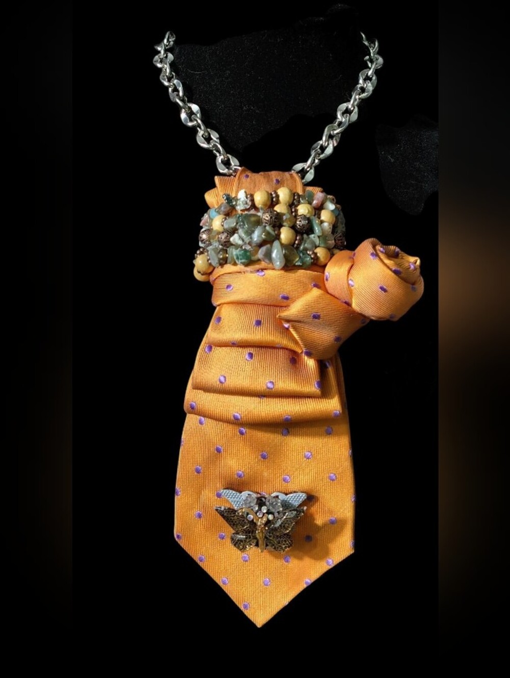 Handcrafted Orange Polka Dot Tie Pendant Necklace with Bead Collar